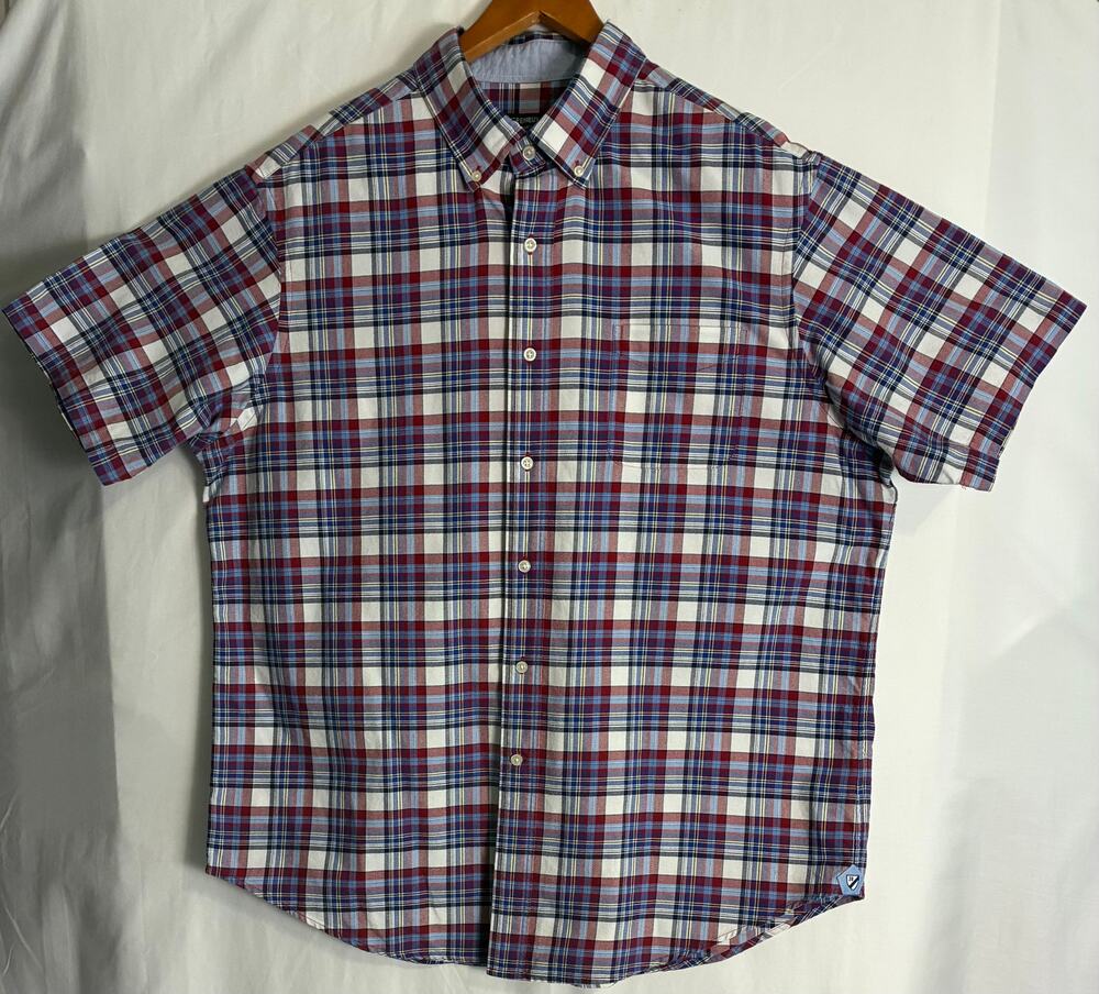Men's Cremieux XL Blue Red Plaid Short Sleeve Button Down Shirt 100% Cotton